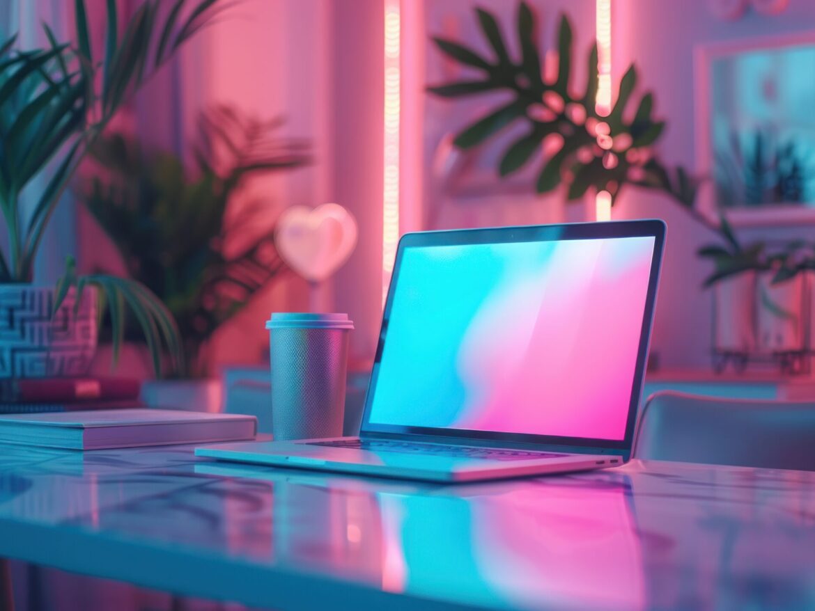 A laptop with a blank screen sits on a marble desk in a room with pink and blue neon lights.