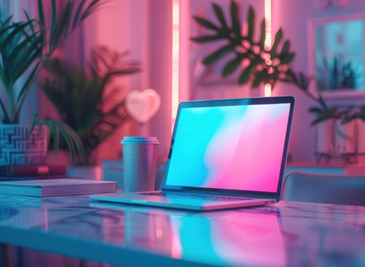A laptop with a blank screen sits on a marble desk in a room with pink and blue neon lights.