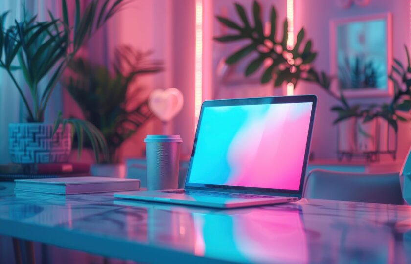 A laptop with a blank screen sits on a marble desk in a room with pink and blue neon lights.