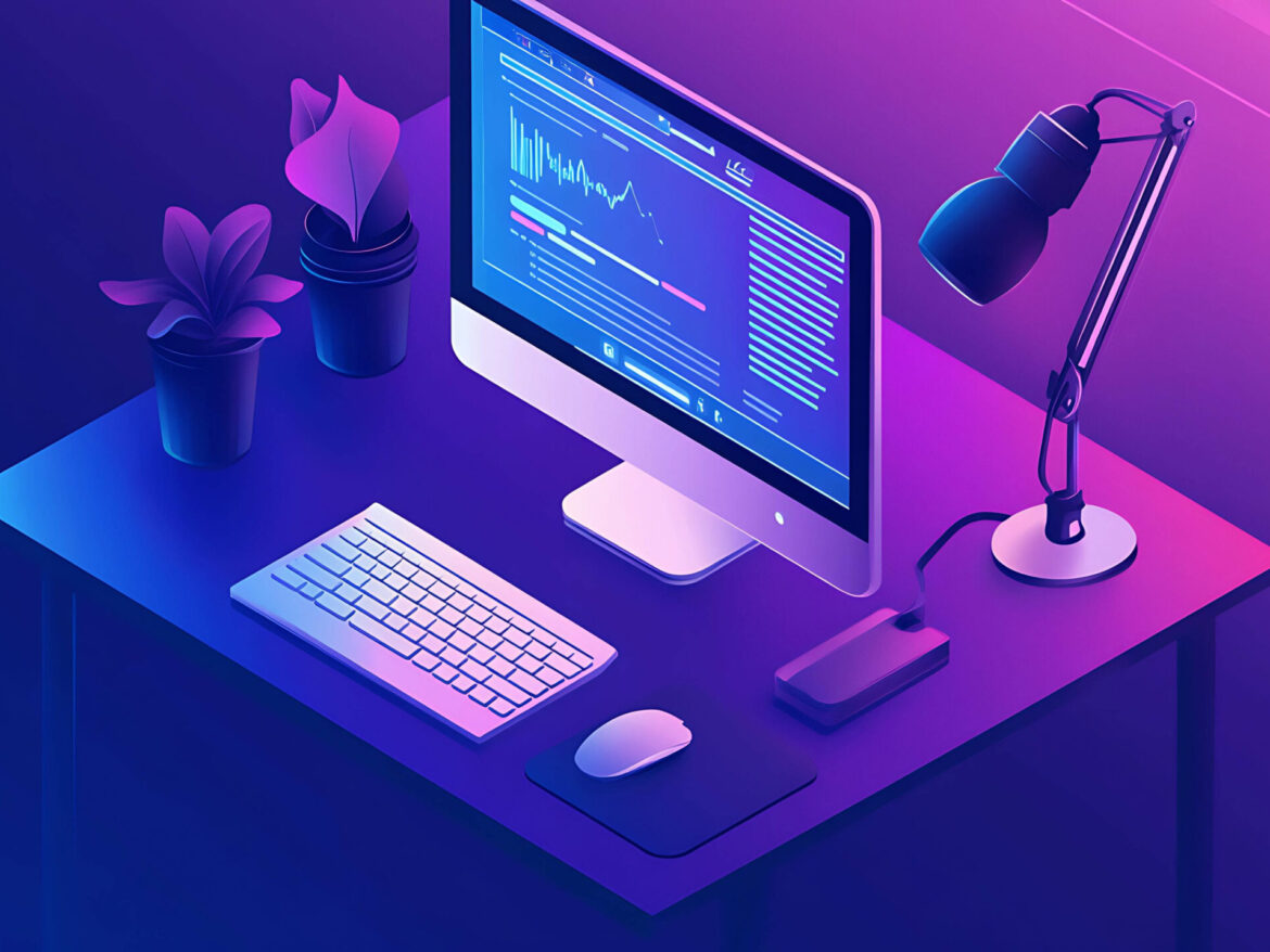 modern-workspace-with-computer-keyboard-mouse-desk-lamp-desk-with-purple-blue-gradient-background