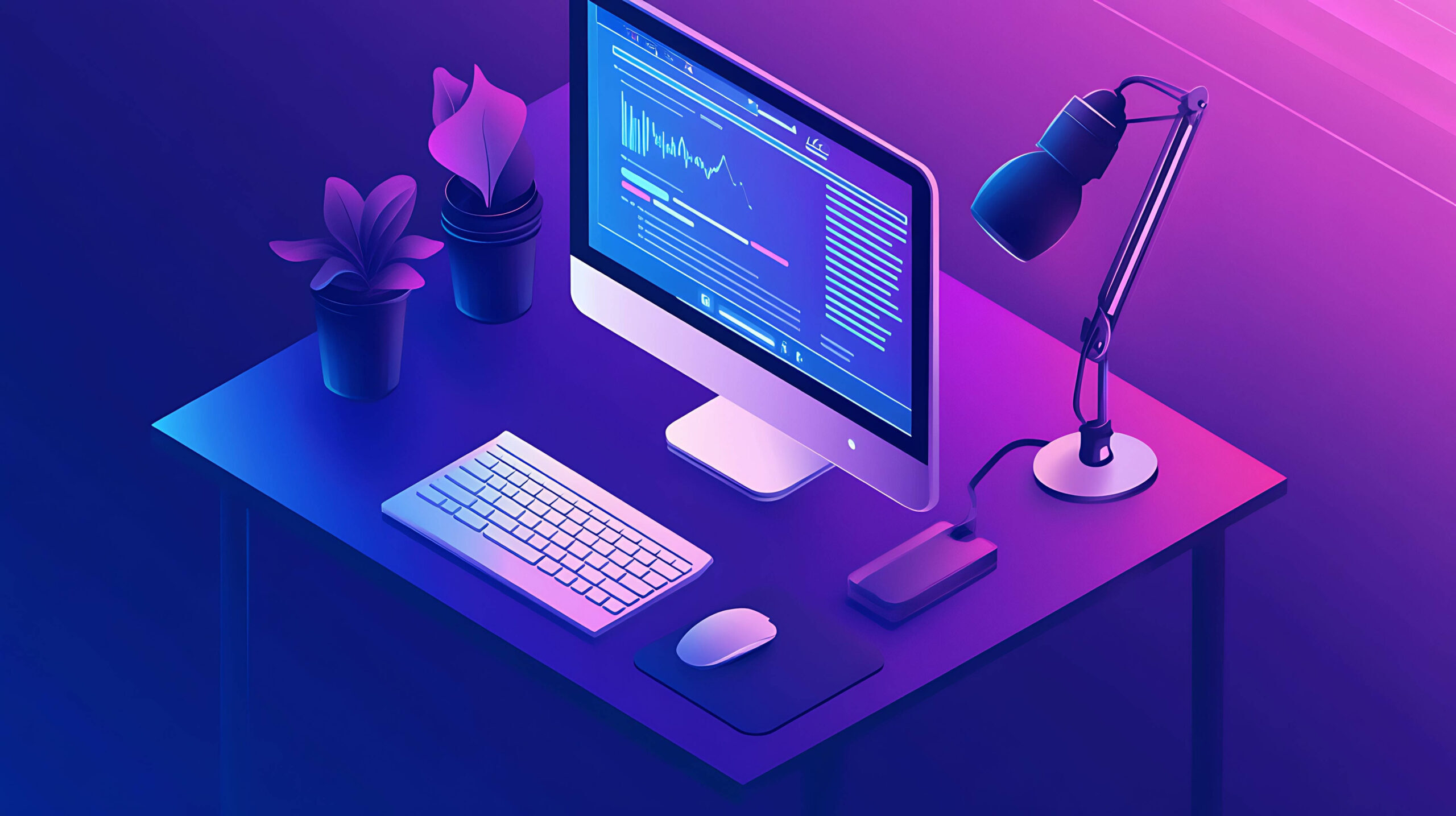 modern-workspace-with-computer-keyboard-mouse-desk-lamp-desk-with-purple-blue-gradient-background