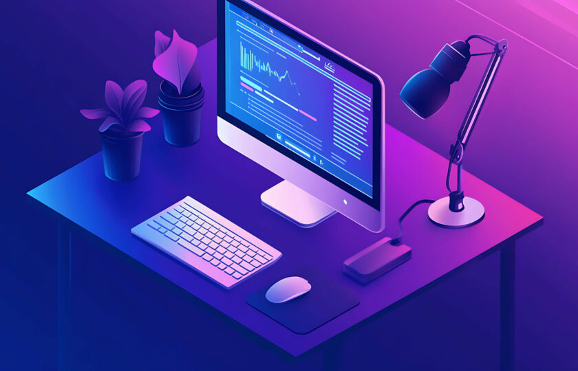 modern-workspace-with-computer-keyboard-mouse-desk-lamp-desk-with-purple-blue-gradient-background